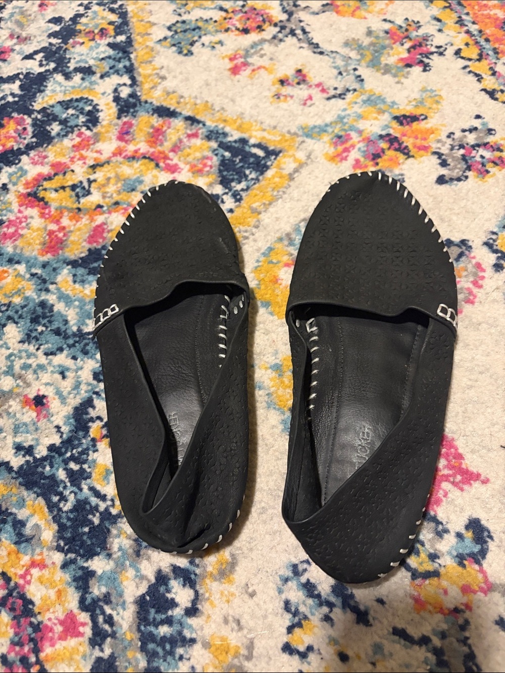 Adam Tucker Black Perforated Floral Print Flats White Contrast Stitching Boho